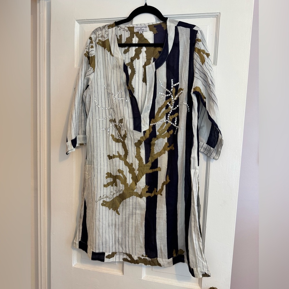 Antica Sartoria di Positano 3/4 Sleeve Tunic, White, Navy, & Gold Coral, Small